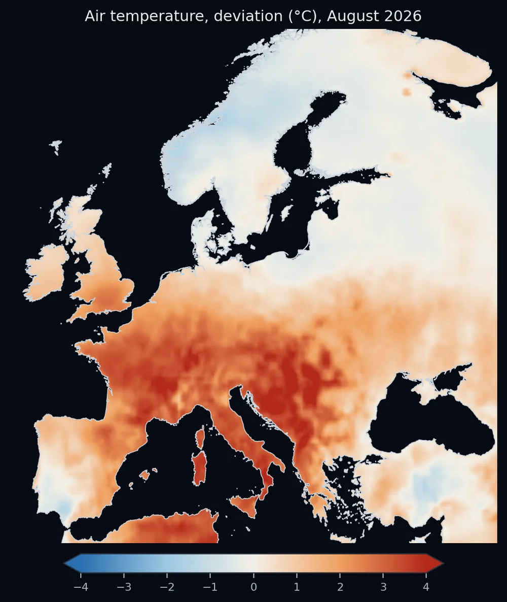 Air temperature, deviation from the 1991-2020 mean in °C (zero is the mean). Reds mean warmer than usual.