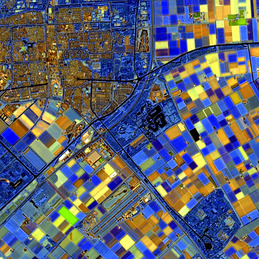 Spectral-signature composite of the same Flevoland parcels — shortwave-infrared bands revealing moisture and surface chemistry invisible to the eye